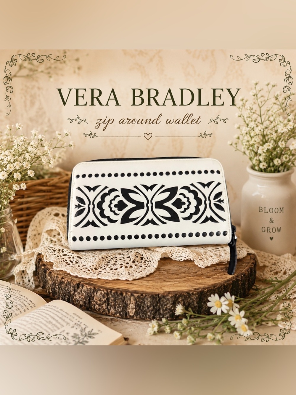 Vera Bradley White and Black Laser Cut Zip Around Wallet